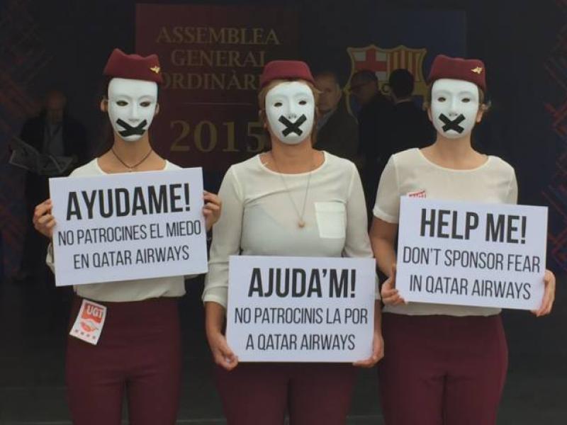 The cabin crew were masked and gagged because QR staff are denied the right to speak out.