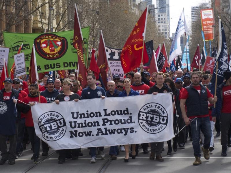 Hundreds of RTBU members marched through Melbourne in support of the train and tram workers