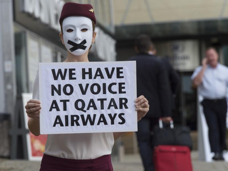The cabin crew member was protesting outside a London airline show