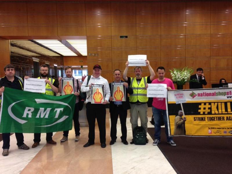 Activists occupy Shell’s London offices. Photo: RMT