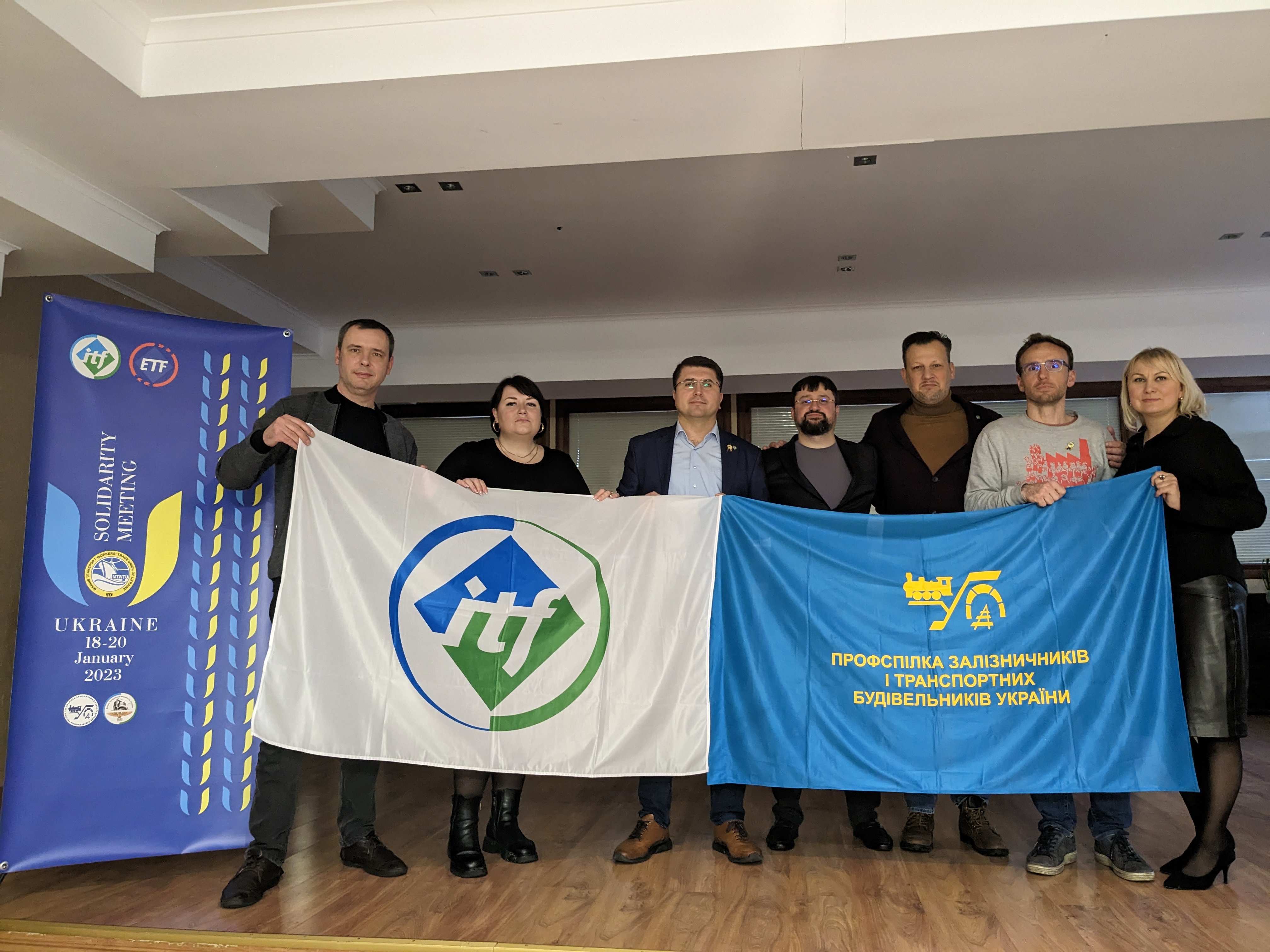 Representatives from the ITF Rail Section stand shoulder to shoulder with railway workers in Ukraine