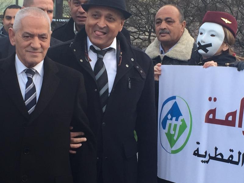Houcine Abassi stood with Qatar Airways campaigners before receiving the Nobel Peace Prize on behalf of the UGTT