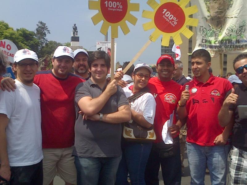 Young transport workers on people’s climate change march, Lima, Peru
