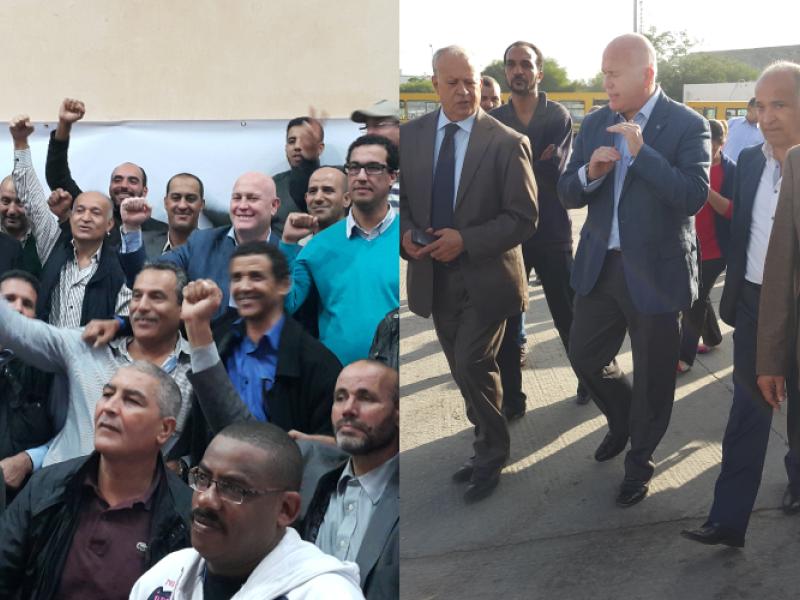 Cotton with (l) UMT leaders and workers and (r) at TRANSTU, Tunisia