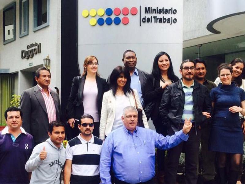 Union leaders outside the  Ministry of Labour, Ecuador