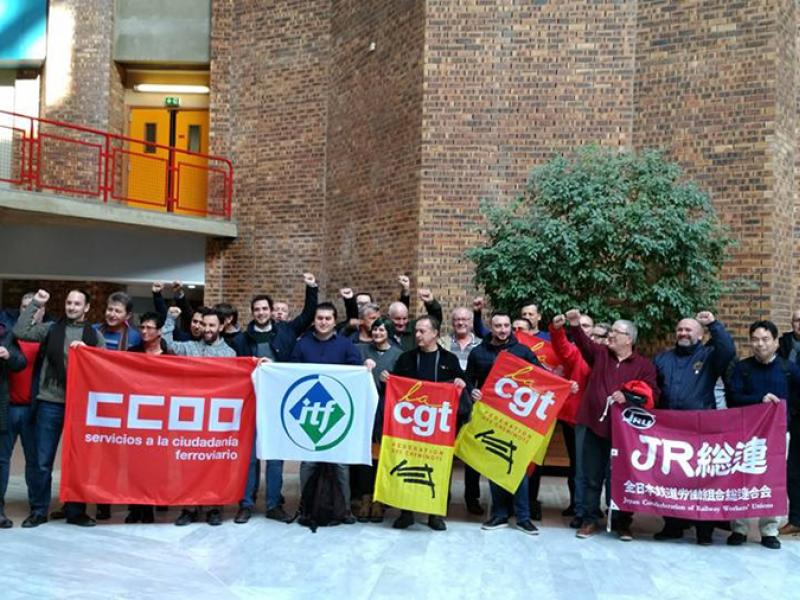 International trade unionists with members of the CGT federation railways section