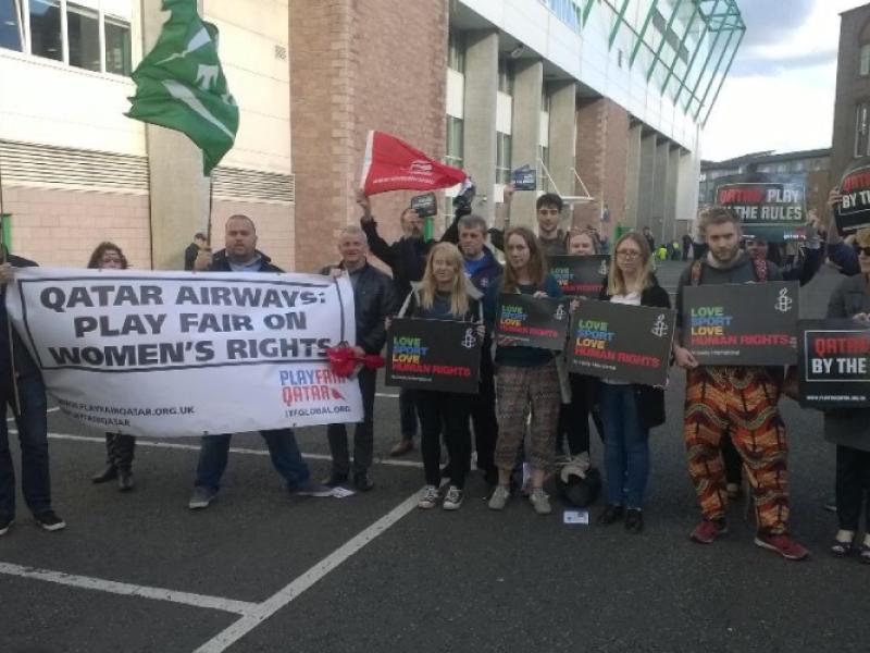 Protest against Qatar Airways at recent Qatar vs Scotland footbal match