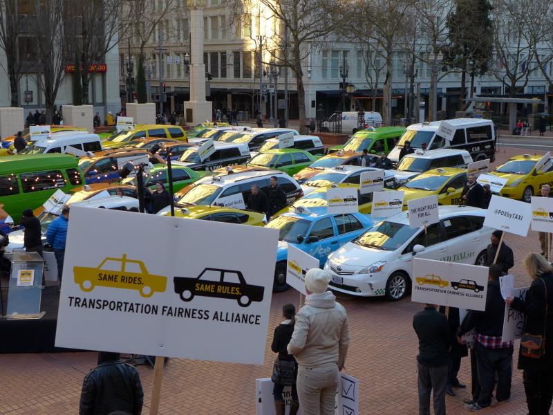 Photo: Aaron Parecki. Taxi cab drivers in Portland, USA demand the same rules for ride-sharing companies