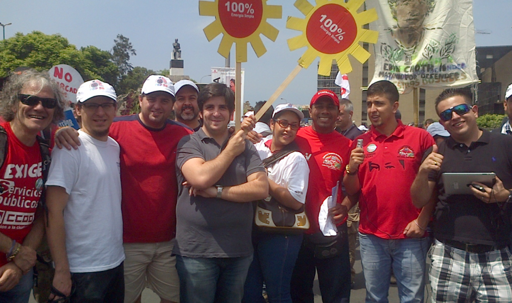 Young transport workers on people’s climate change march, Lima, Peru Young transport workers on people’s climate change march, Lima, Peru